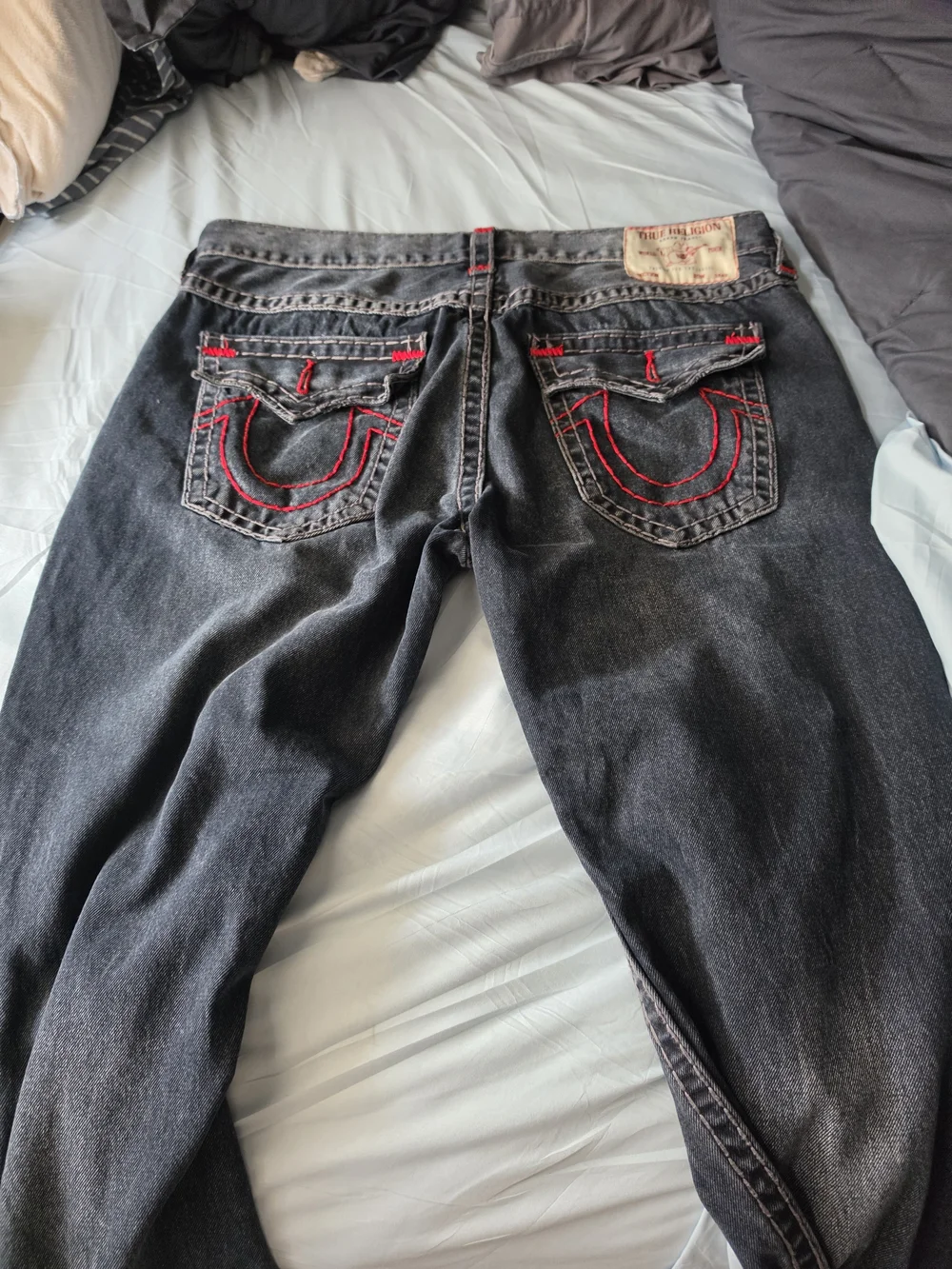 True Religion Men's Dark Blue Slim Straight Jeans with Red Accents